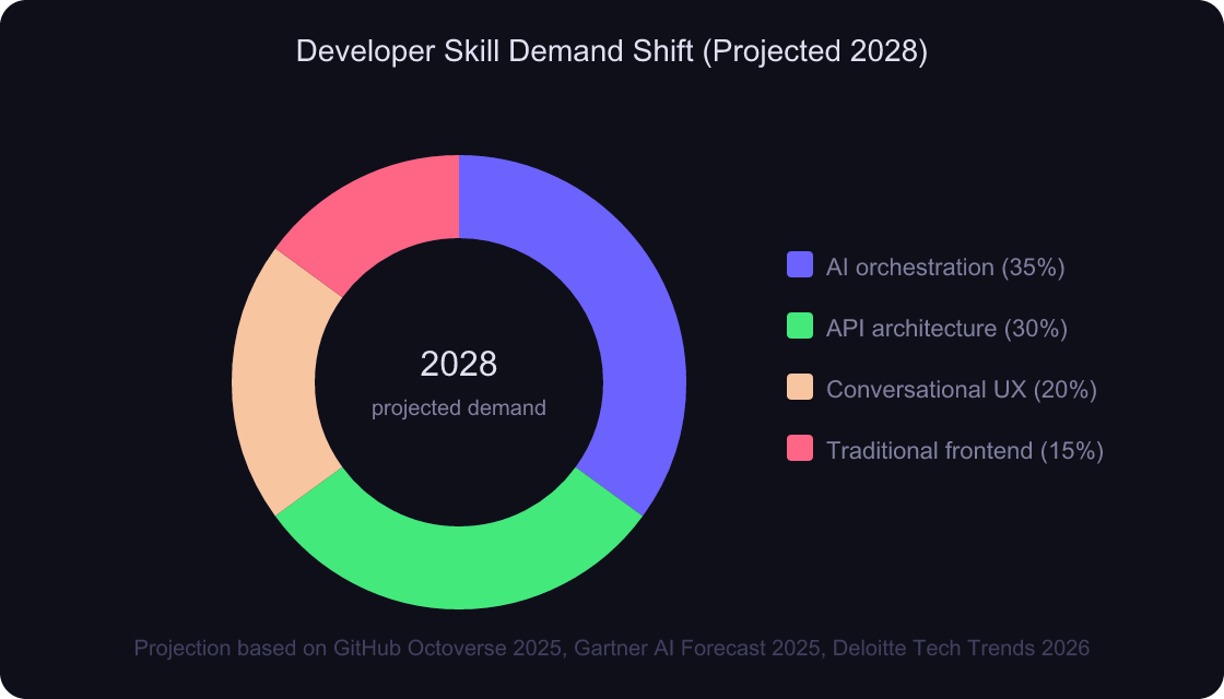 The End of User Interfaces: How AI Agents Will Kill the Dashboard 7 Donut chart showing the projected distribution of developer skill demand shifting toward AI orchestration and API architecture by 2028