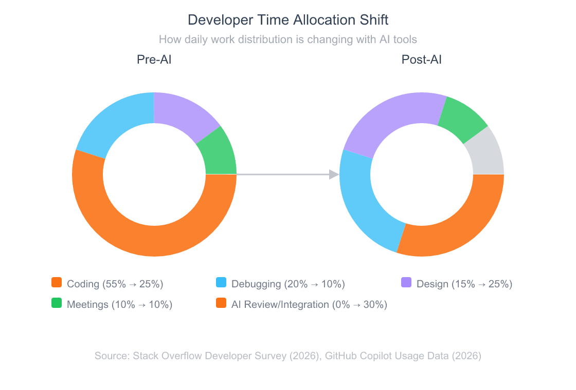 Donut chart showing how developer time allocation has shifted between pre-AI and post-AI workflows, with coding dropping from 55 percent to 25 percent and AI review and integration rising to 30 percent