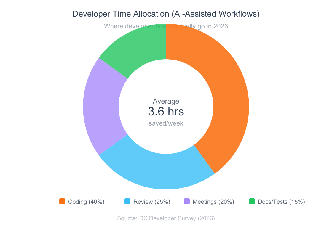 Why Vibe Coding Will Replace Traditional Programming 8 Donut chart showing how developers allocate their time: coding and implementation 40 percent, code review and debugging 25 percent, meetings and planning 20 percent, and documentation and testing 15 percent