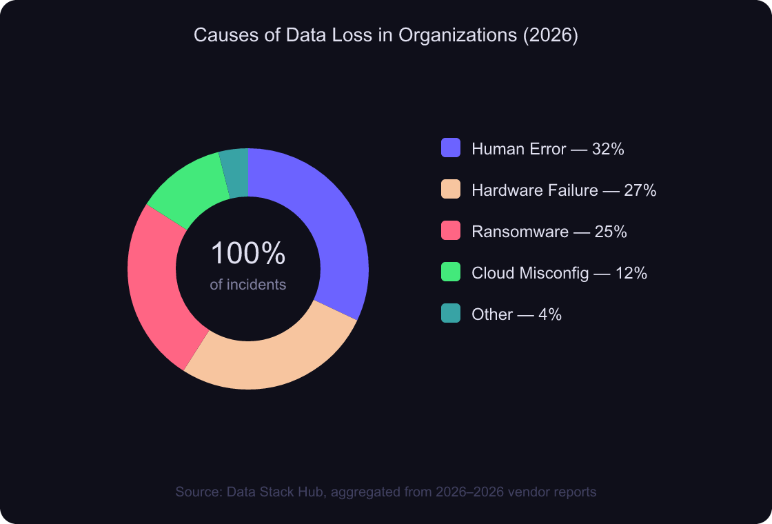 Donut chart showing causes of data loss: Human Error 32%, Hardware Failure 27%, Ransomware 25%, Cloud Misconfiguration 12%, Other 4%