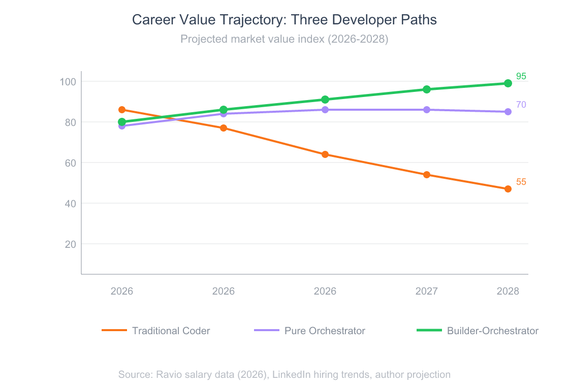 The Developer Identity Crisis: Are We Builders or Orchestrators Now? 8 Line chart showing three career paths over time from 2026 to 2028: traditional coder declining slowly, pure orchestrator plateauing, and builder-orchestrator hybrid rising steadily