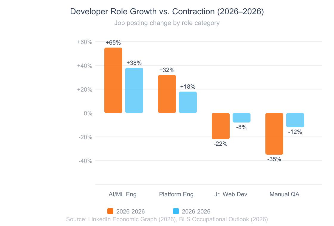 Grouped bar chart showing developer role growth versus contraction by category, with AI/ML engineers and platform engineers growing while junior web developers and manual QA roles contract