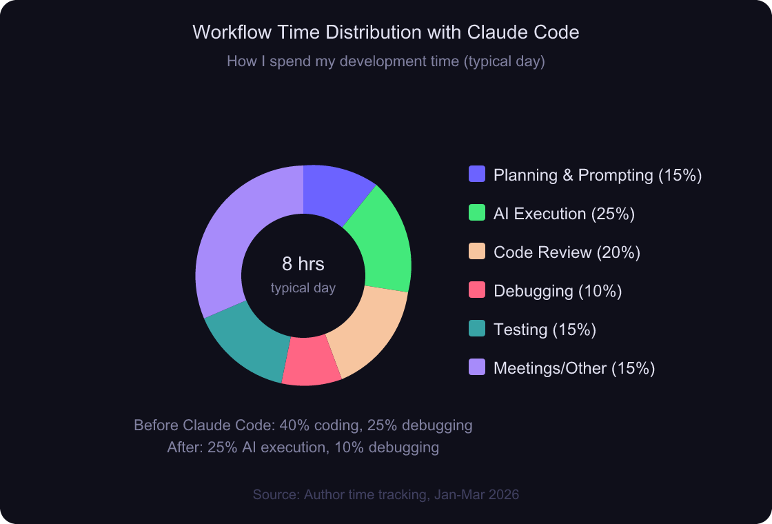 Donut chart showing workflow time distribution across planning, coding, debugging, review, and deployment with Claude Code