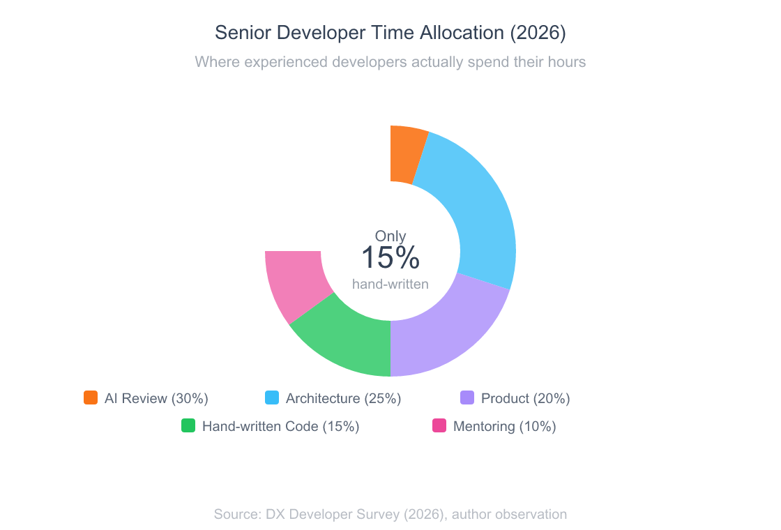 The Developer Identity Crisis: Are We Builders or Orchestrators Now? 5 Donut chart showing how senior developers spend their time in AI-augmented workflows: AI output review 30 percent, architecture and design 25 percent, product strategy 20 percent, hand-written code 15 percent, mentoring and communication 10 percent
