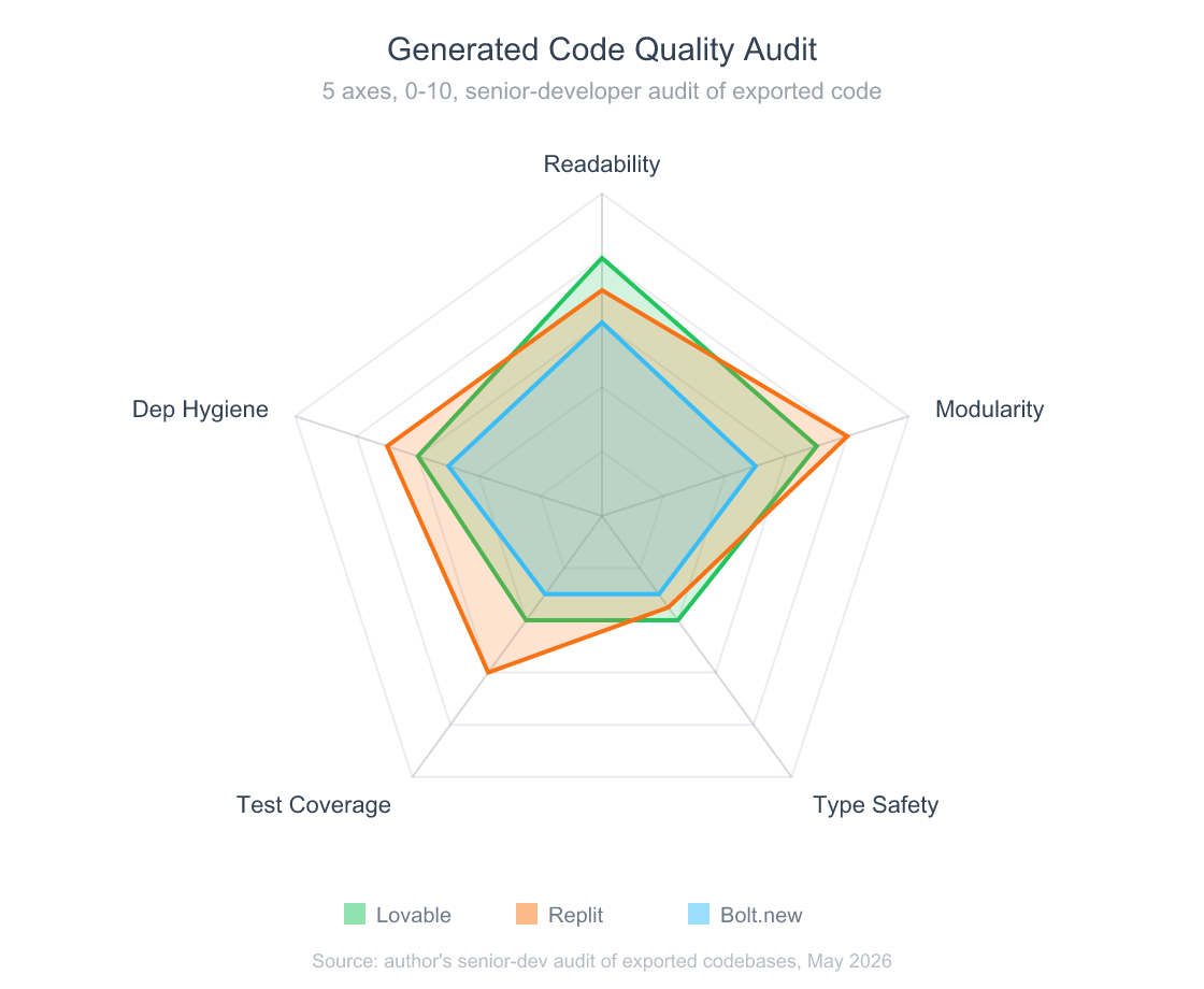 Radar chart comparing code quality across five axes (readability, modularity, type safety, test coverage, dependency hygiene) for Replit, Bolt, and Lovable, scored 0 to 10 from a senior developer code audit