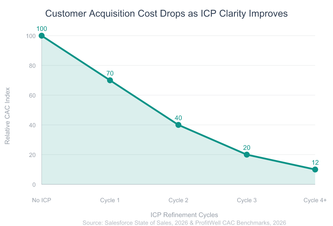 How to Define Your ICP When You Have Zero Customers 4 Area chart showing customer acquisition cost reduction as ICP clarity improves over time