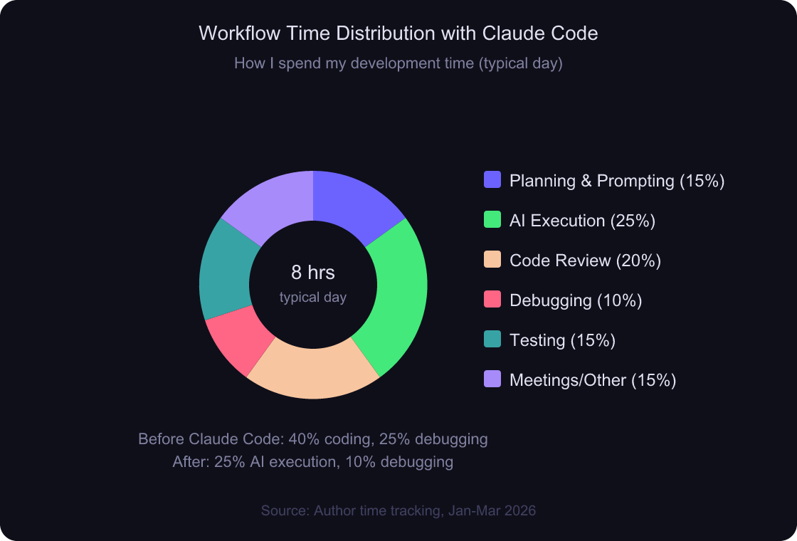 Claude Code Workflow: A Real-World Guide to Ship 10x Faster 5 Donut chart showing workflow time distribution across planning, coding, debugging, review, and deployment with Claude Code