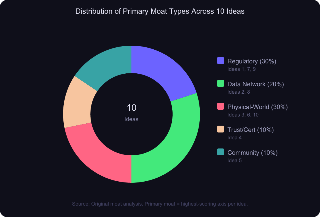 Donut chart showing distribution of primary moat types across 10 micro SaaS ideas including regulatory, data network, physical-world, trust, and community