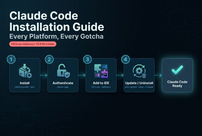 A four-stage Claude Code install pipeline — Install, Authenticate, Add to IDE, and Update/Uninstall — ending in a "Claude Code Ready" panel, with the VS Code extension at 13.97M installs