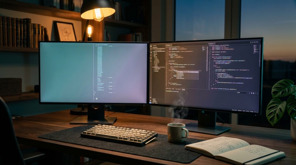 Editorial dual-monitor workspace at twilight — left screen running an autonomous coding agent transcript, right screen showing an IDE with inline AI suggestions, capturing the two-philosophy split between Claude Code and Cursor