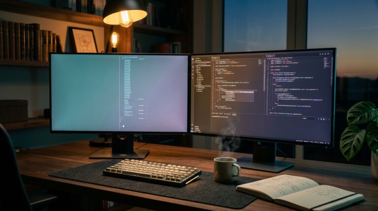Editorial dual-monitor workspace at twilight — left screen running an autonomous coding agent transcript, right screen showing an IDE with inline AI suggestions, capturing the two-philosophy split between Claude Code and Cursor