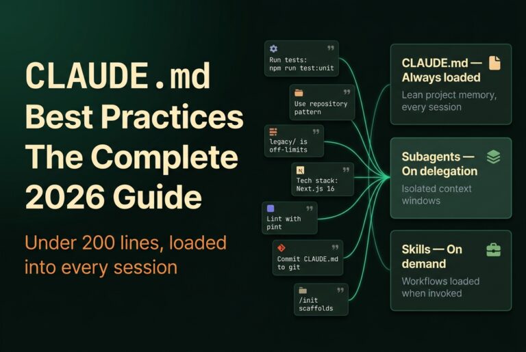 Dark-mode hero showing CLAUDE.md project-memory config rules flowing into the three-file system: CLAUDE.md, subagents, and skills
