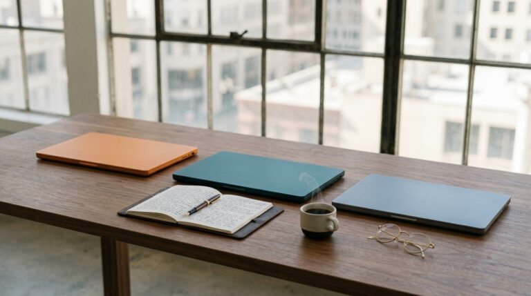 Three closed laptops on a walnut desk — orange, teal, and slate — beside a handwritten comparison notebook, representing the builder's choice between Custom GPTs, Claude Skills, and Gemini Gems