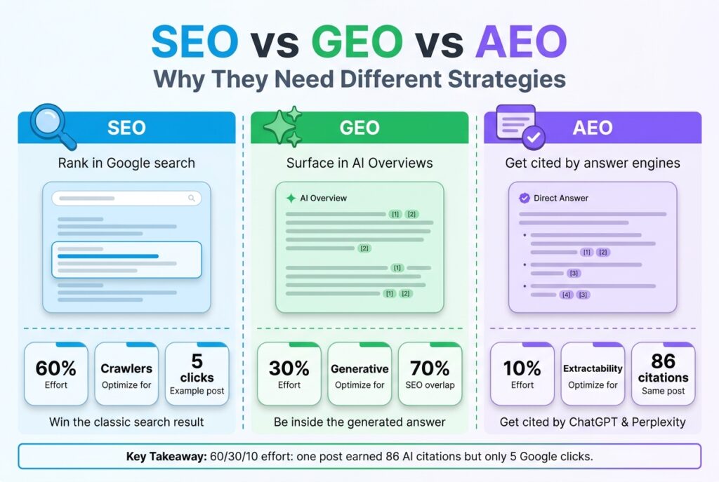 Three-column comparison of SEO, GEO, and AEO showing the 60/30/10 effort split and how one post earned 86 AI citations but only 5 Google clicks