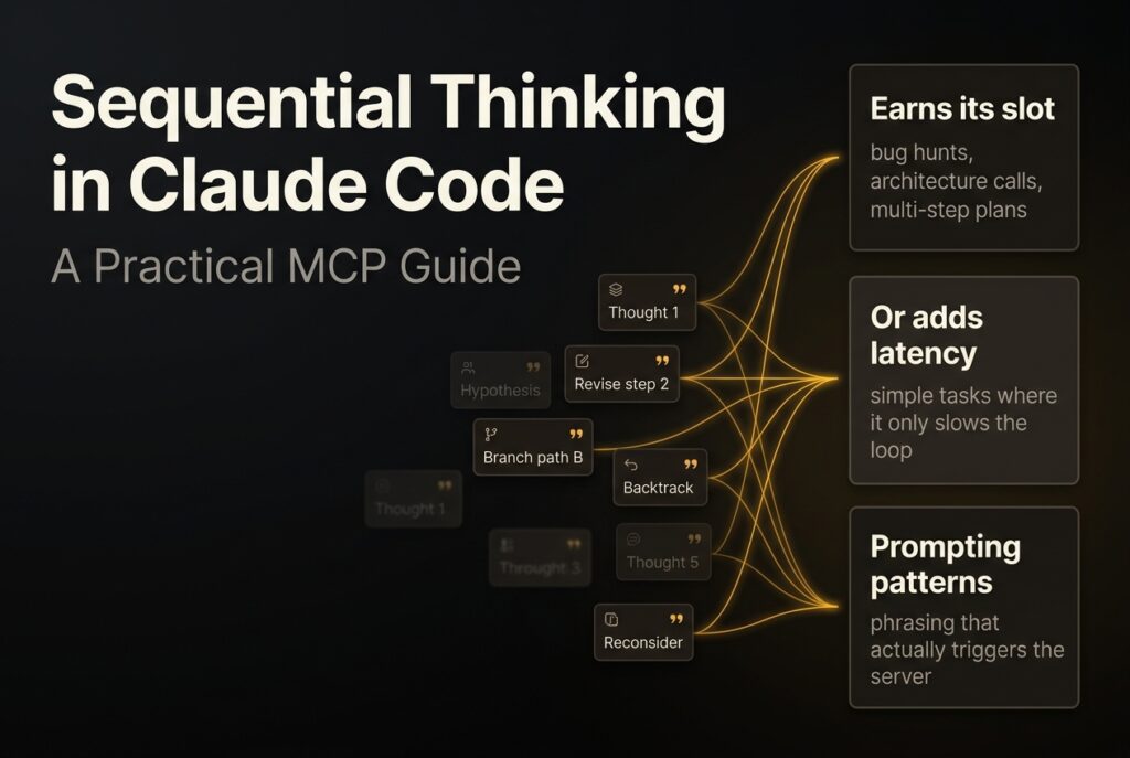 Scattered reasoning-step cards — Thought, Hypothesis, Revise, Branch, Backtrack — flowing along cyan paths into three synthesis panels, illustrating how the sequential thinking MCP server structures Claude Code's reasoning