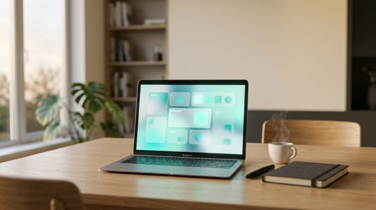 Minimalist solo founder workspace at dawn with a laptop displaying an abstract teal marketing kit dashboard, coffee cup, and notebook on an oak desk