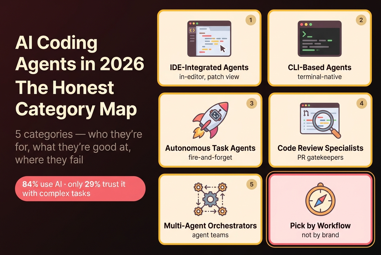 AI Coding Agents in 2026: 5 Categories and How to Pick 2 Category-map hero for AI coding agents in 2026: five labeled category cards (IDE-Integrated, CLI-Based, Autonomous Task, Code Review Specialists, and Multi-Agent Orchestrators) alongside the takeaway to pick by workflow, not by brand, with the stat that 84% of developers use AI but only 29% trust it with complex tasks.