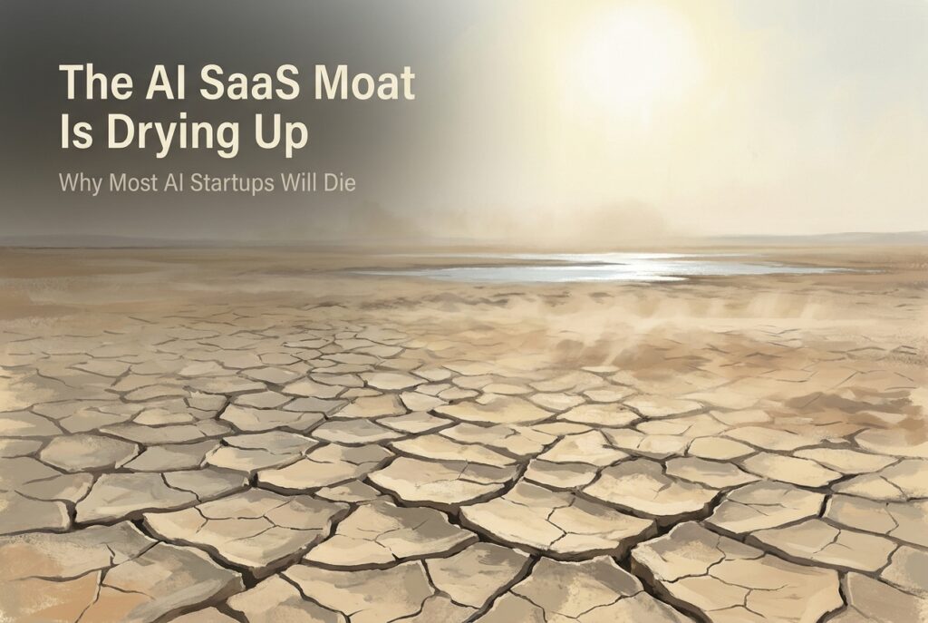 A cracked dry lakebed stretching to the horizon under a harsh sun, representing the evaporation of competitive moats in the AI SaaS industry