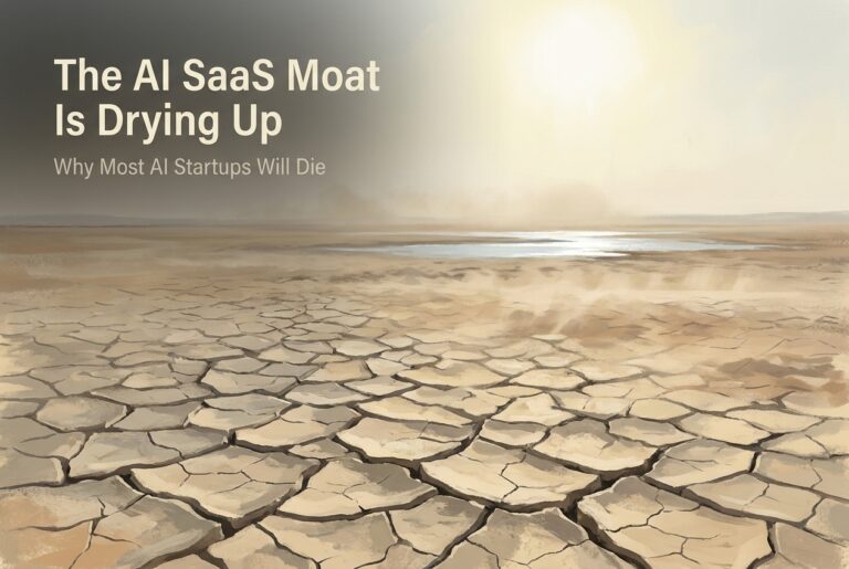 A cracked dry lakebed stretching to the horizon under a harsh sun, representing the evaporation of competitive moats in the AI SaaS industry
