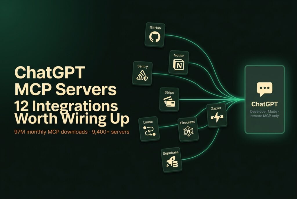 Eight MCP servers - GitHub, Notion, Sentry, Stripe, Linear, Firecrawl, Zapier and Supabase - feeding via glowing connectors into a central ChatGPT panel, illustrating ChatGPT MCP integrations