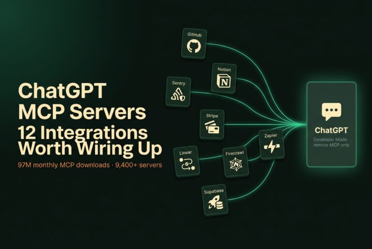 Eight MCP servers - GitHub, Notion, Sentry, Stripe, Linear, Firecrawl, Zapier and Supabase - feeding via glowing connectors into a central ChatGPT panel, illustrating ChatGPT MCP integrations