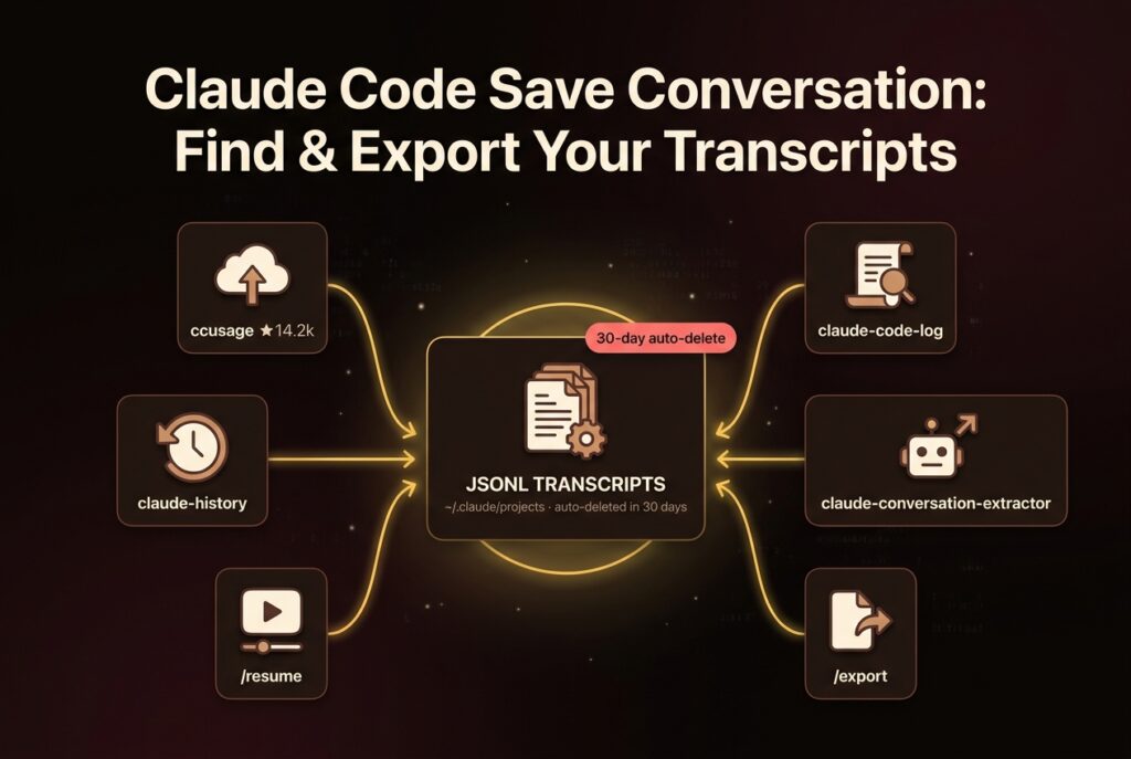 Six Claude Code transcript tools — ccusage, claude-history, /resume, claude-code-log, claude-conversation-extractor and /export — converging on a central JSONL transcript archive that auto-deletes in 30 days