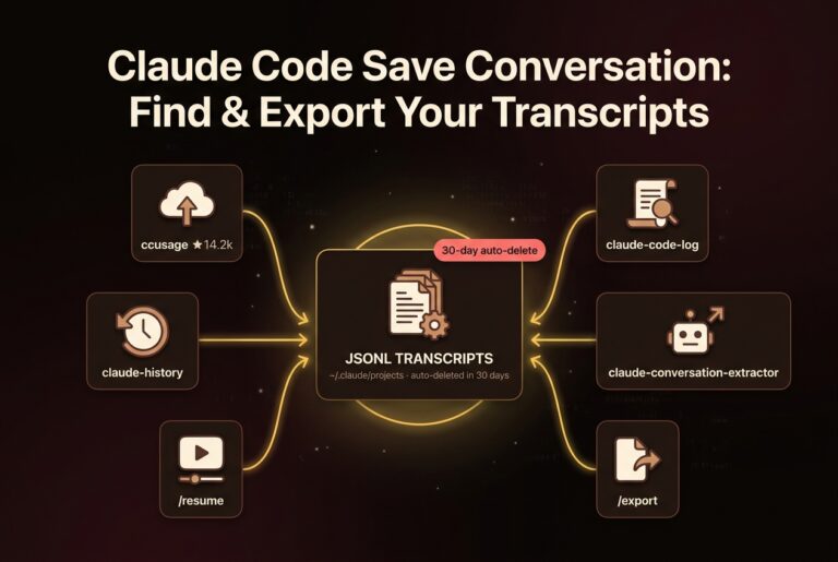 Six Claude Code transcript tools — ccusage, claude-history, /resume, claude-code-log, claude-conversation-extractor and /export — converging on a central JSONL transcript archive that auto-deletes in 30 days