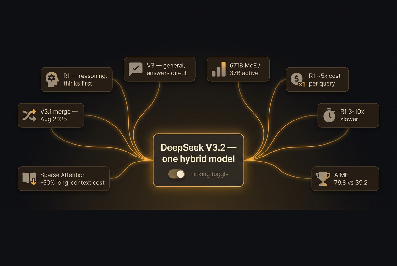 Dark-mode hero for DeepSeek R1 vs V3, with eight source cards (R1 reasoning, V3 general, the 671B MoE backbone, R1's cost and latency, the AIME 79.8 versus 39.2 gap, and the V3.1 merge) converging with amber glow onto a central DeepSeek V3.2 hybrid-model node with a thinking toggle.