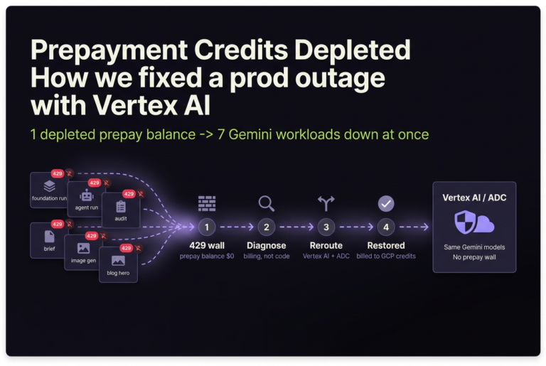 Flow diagram showing one depleted Gemini prepay balance taking down seven workloads, then rerouting through Vertex AI with ADC