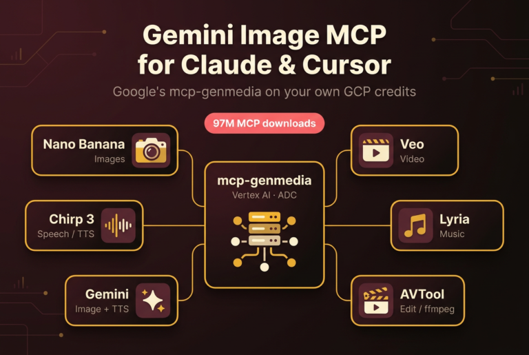 Central mcp-genmedia hub on Vertex AI linked by gold lines to six Gemini media-generation cards: Nano Banana images, Veo video, Chirp 3 speech, Lyria music, Gemini, and AVTool, for Claude and Cursor