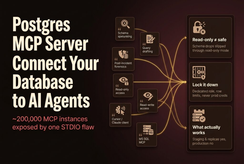 Diagram of AI-agent interactions flowing into a Postgres MCP server with three security takeaways: read-only is not safe, lock it down, what works