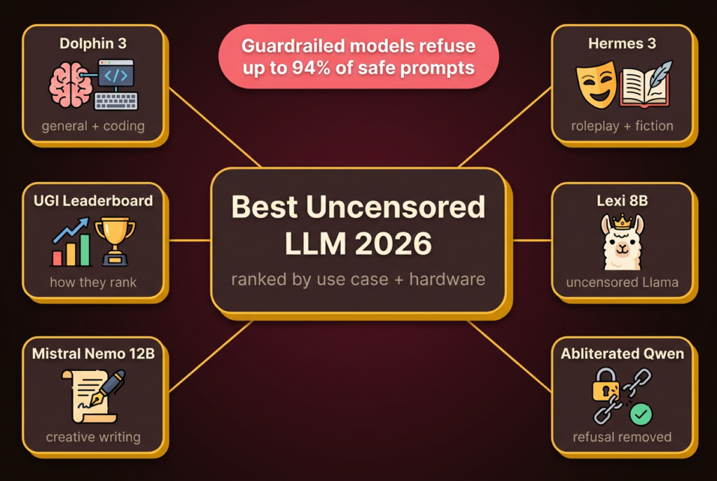 Dark hero ranking 2026 uncensored local LLMs (Dolphin 3, Hermes 3, Lexi 8B, abliterated Qwen, Mistral Nemo) around a central hub, noting guardrails refuse up to 94% of safe prompts.