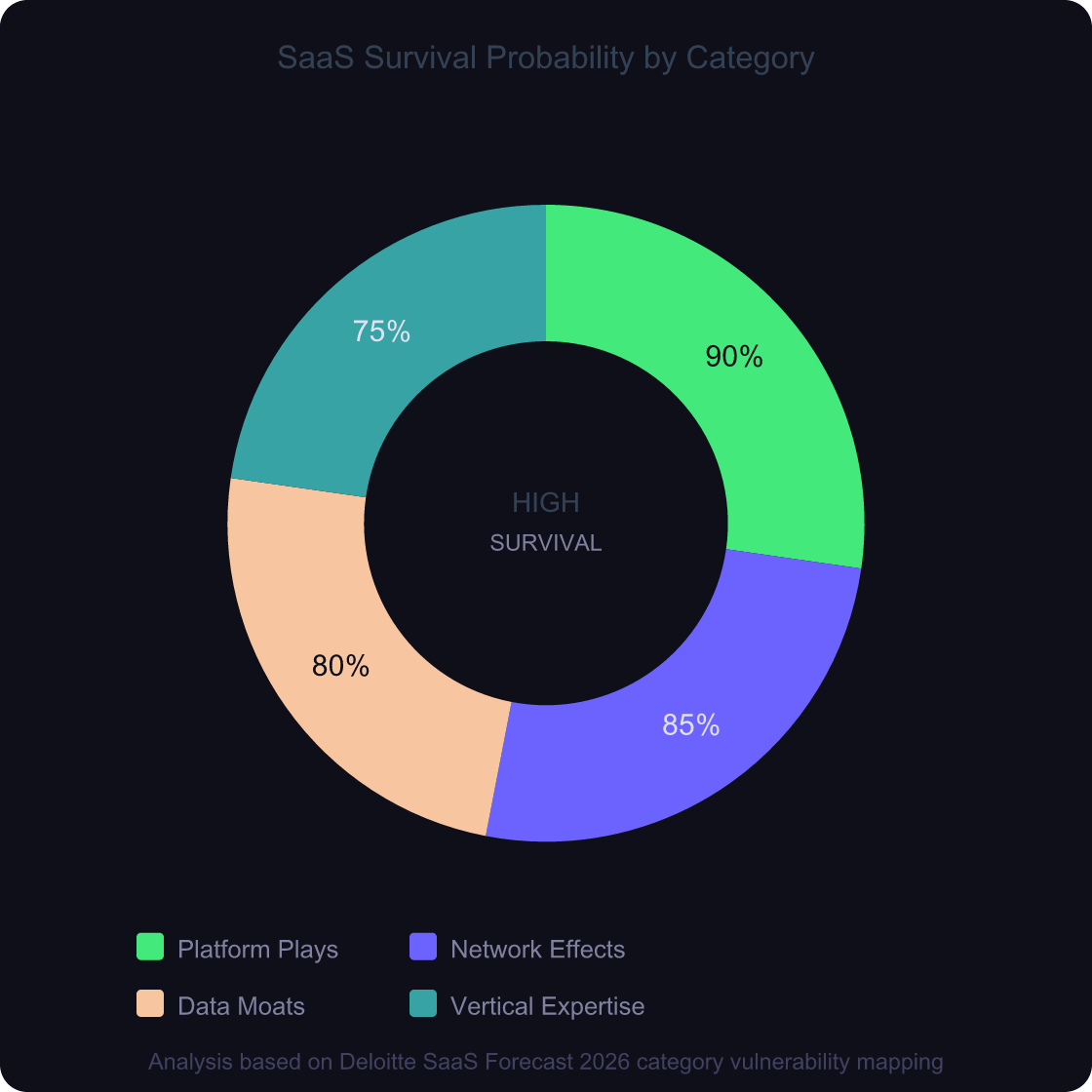 SaaSpocalypse: 35% of SaaS Tools Will Be Dead by 2030 5 Donut chart showing SaaS survival probability by category type, with platform plays and network effects scoring highest