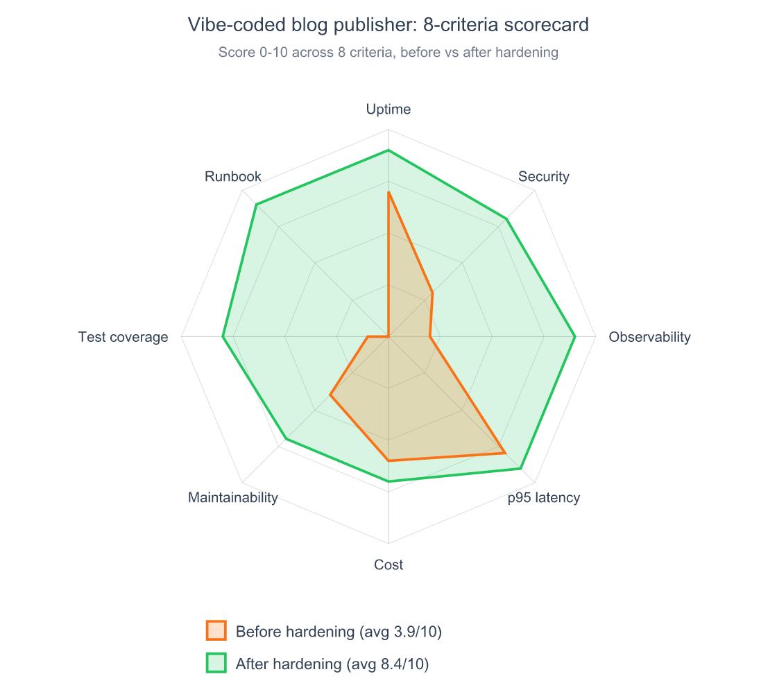 Is Vibe Coding Production Ready? An Honest 2026 Verdict 2 Radar chart comparing 8 production-readiness criteria for a vibe-coded blog publisher before and after hardening: security improved from 3 to 8, observability from 2 to 9, on-call runbook from 0 to 9