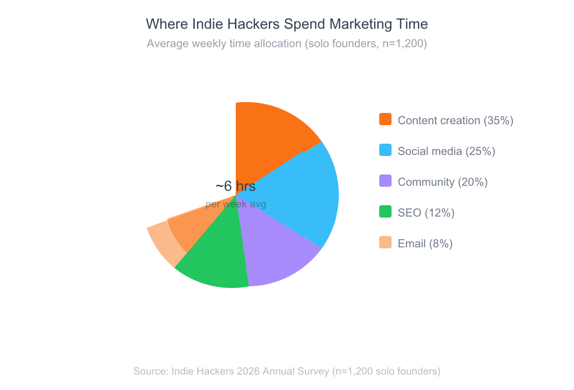 Donut chart showing how indie hackers allocate their marketing time across different activities