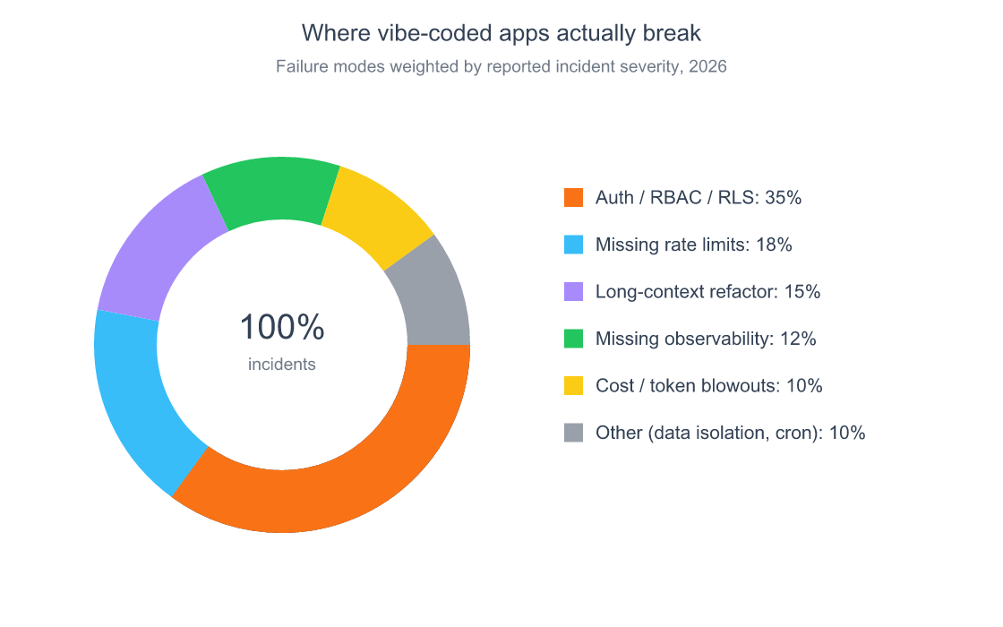 Is Vibe Coding Production Ready? An Honest 2026 Verdict 5 Donut chart showing the dominant failure modes in vibe-coded production apps: auth and RBAC failures lead at 35 percent, followed by missing rate limits at 18 percent and long-context refactor breaks at 15 percent