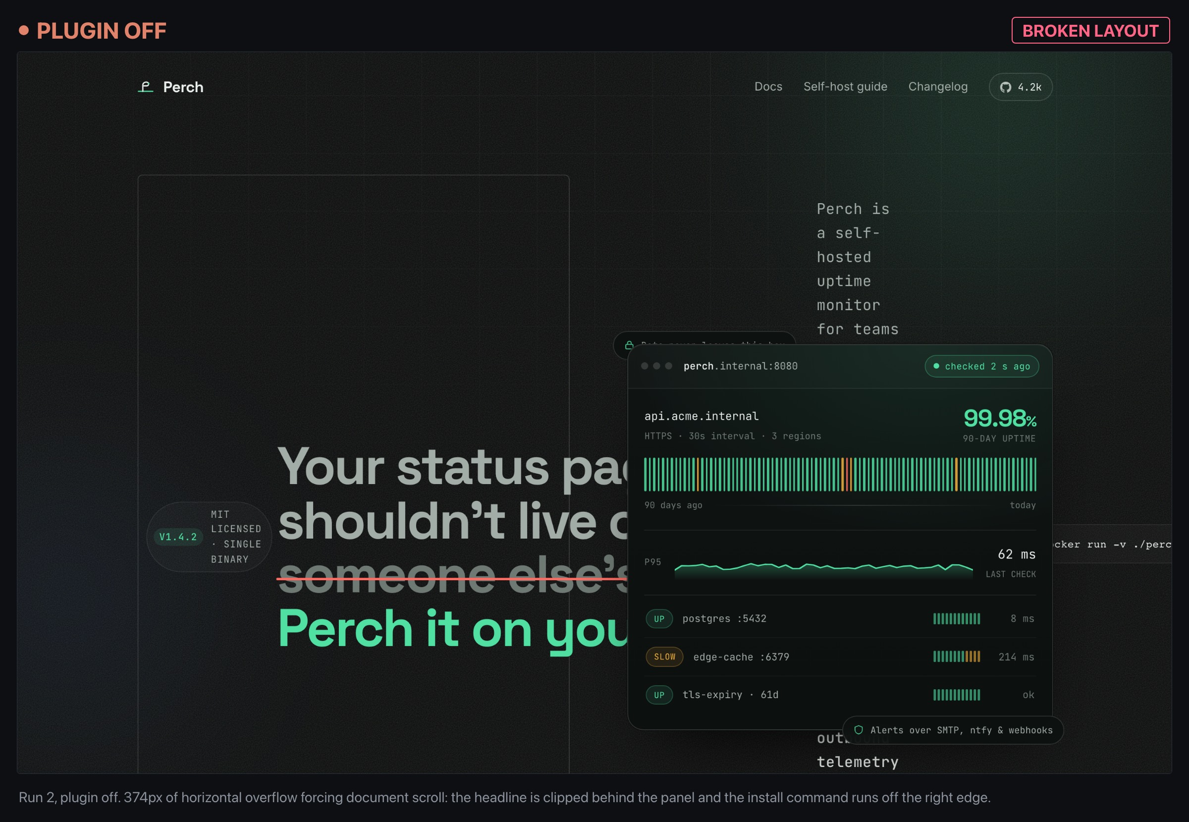 How to Use Claude Code's Frontend-Design Plugin 6 A landing hero generated without the frontend-design plugin, labelled as a broken layout: the headline is clipped behind the dashboard panel, body text overlaps other elements, and the install command runs off the right edge of the page.