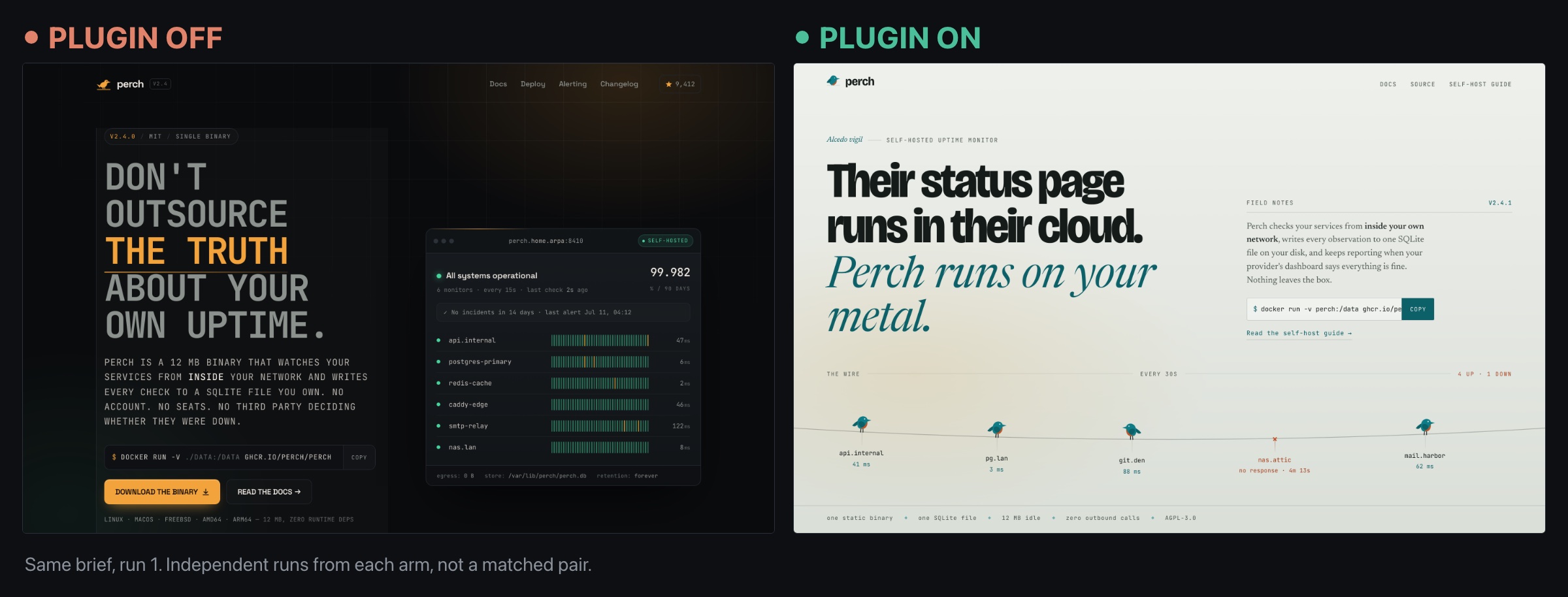 How to Use Claude Code's Frontend-Design Plugin 3 Two landing hero pages side by side from the same brief. On the left, without the plugin, a dark page in condensed mono type with an amber accent and a monitoring panel. On the right, with the plugin, a cream page with a serif headline and a wire running across it with birds perched along it.