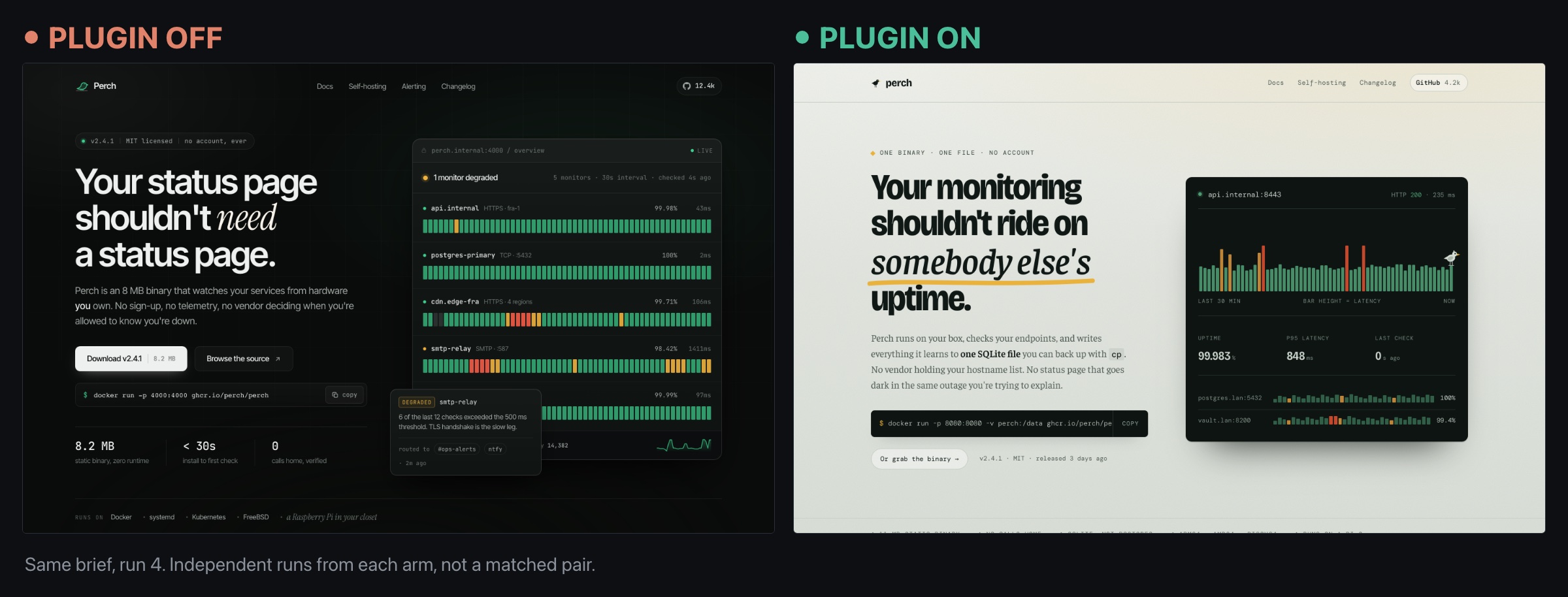 How to Use Claude Code's Frontend-Design Plugin 4 Two landing hero pages side by side from the same brief. On the left, without the plugin, a dark page with a green accent, headline on the left and a live monitoring panel on the right. On the right, with the plugin, a warm cream page with a serif italic headline and a dark inset chart.