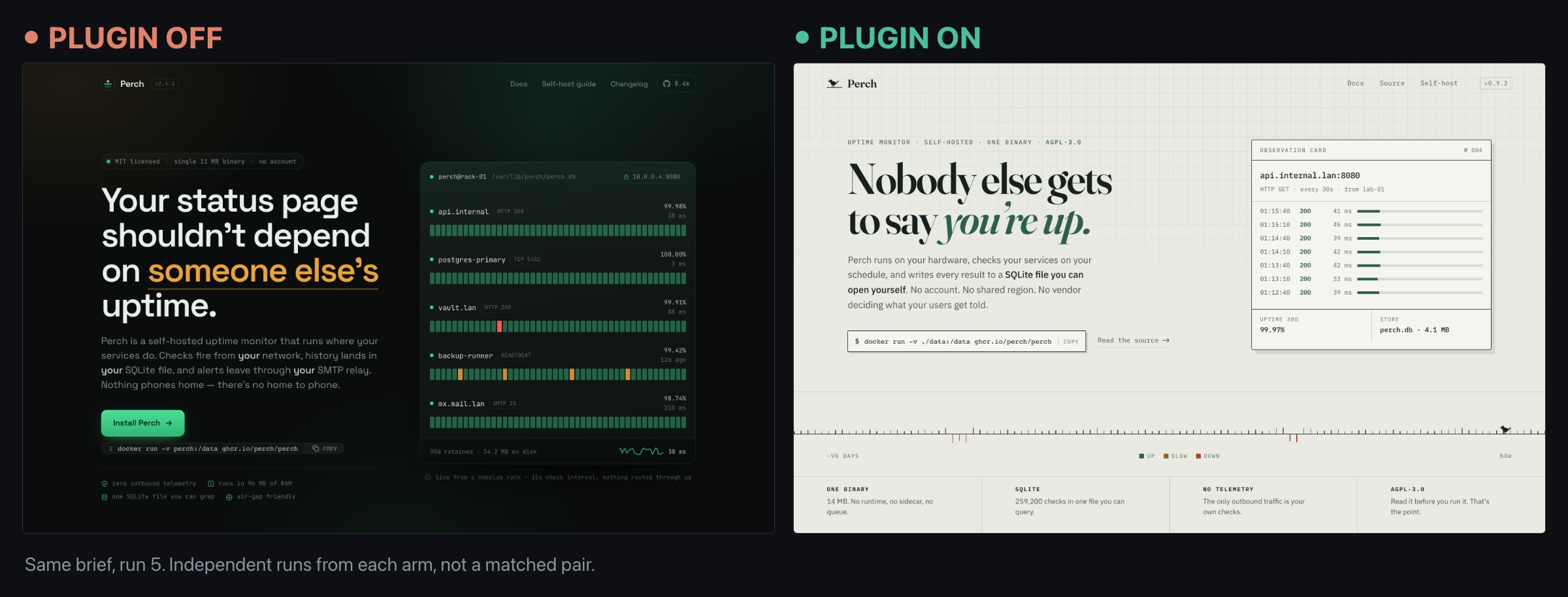 How to Use Claude Code's Frontend-Design Plugin 5 Two landing hero pages side by side from the same brief. On the left, without the plugin, a dark page with a green accent and the same headline-left, monitoring-panel-right layout as the previous comparison. On the right, with the plugin, a white editorial page with a serif headline and a fine ruled timeline.