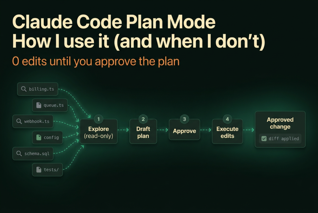 Claude Code plan mode as a pipeline: six code files flow through explore, draft plan, approve, and execute edits into one approved change