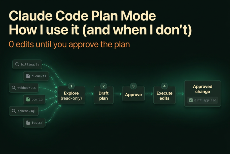Claude Code plan mode as a pipeline: six code files flow through explore, draft plan, approve, and execute edits into one approved change