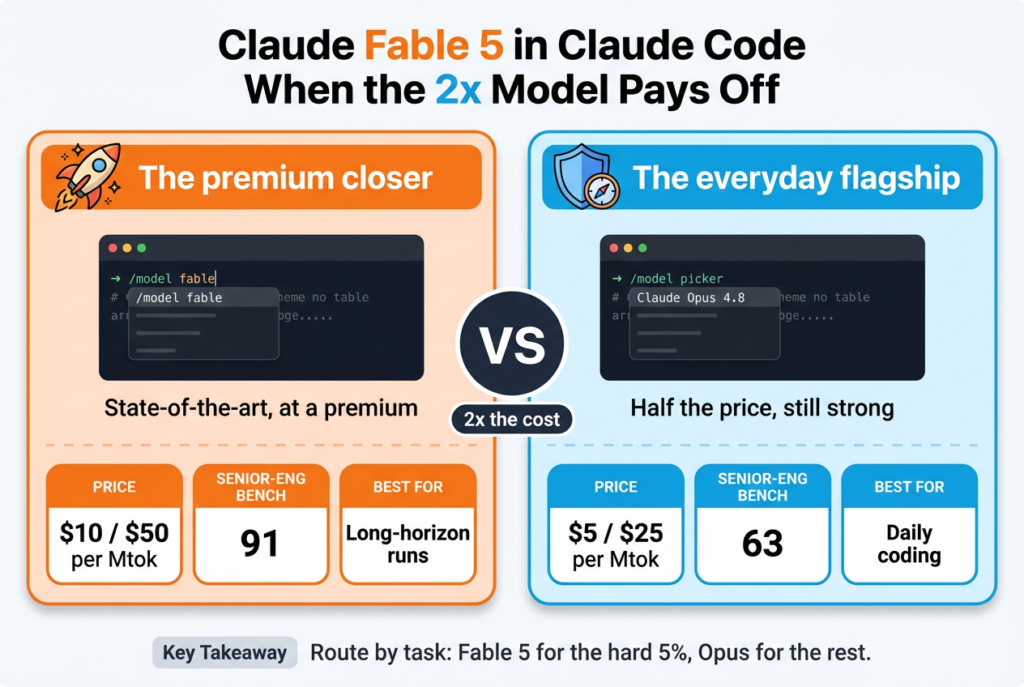 Side-by-side comparison hero for a Claude Fable 5 in Claude Code guide: Fable 5, the premium closer at 10 and 50 dollars per million tokens, versus Opus 4.8, the everyday flagship at 5 and 25, split by a VS badge reading 2x the cost.