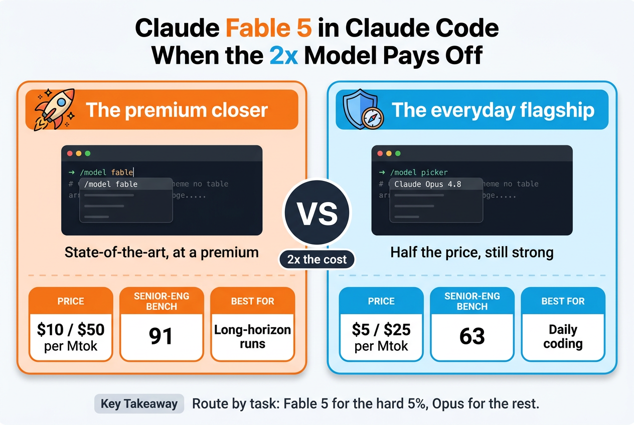 Side-by-side comparison of Claude Fable 5 and Claude Opus 4.8 in Claude Code: Fable 5 the premium closer at 10 and 50 dollars per million tokens with a 91 benchmark score, versus Opus 4.8 at 5 and 25 with a 63 score, split by a VS badge reading 2x the cost.