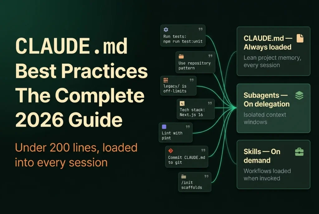 Dark-mode hero showing CLAUDE.md project-memory config rules flowing into the three-file system: CLAUDE.md, subagents, and skills