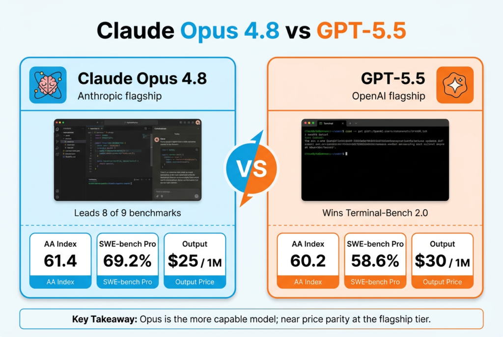 Side-by-side comparison of Claude Opus 4.8 and GPT-5.5 showing intelligence index, SWE-bench Pro score, and output price, with the verdict leaning toward Opus.