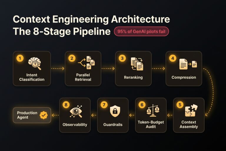 An 8-stage context engineering pipeline - intent classification, parallel retrieval, reranking, compression, context assembly, token-budget audit, guardrails, and observability - flowing into a production agent