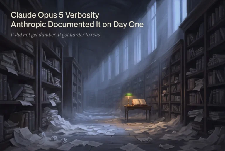 A dim archive hall buried in loose paper with one lit reading desk, illustrating Claude Opus 5 answers lost inside verbose output.