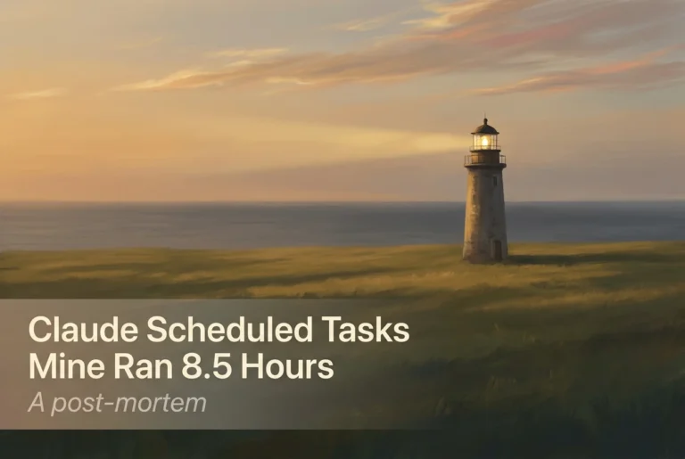 A lighthouse lamp still burning over an empty sea, illustrating a Claude scheduled task that ran 8.5 hours unattended.