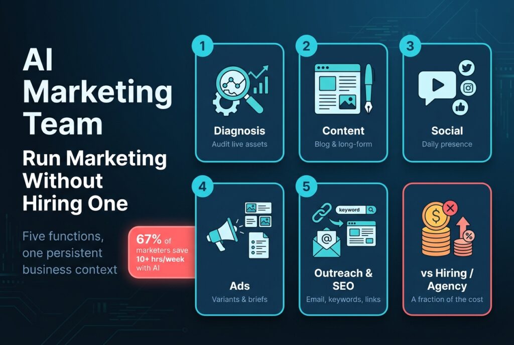 The five functions of an AI marketing team - diagnosis, content, social, ads, and outreach/SEO - that small businesses can run without hiring a team